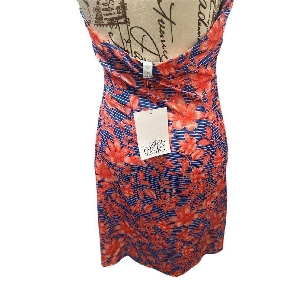 Belle Badgley Mischka Halter Dress Womens 0 Blue Coral Floral Striped Sheath NWT - Picture 5 of 11